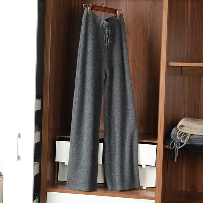  バギーパンツ リブ編みワイドシルエット紐付きニットパンツ