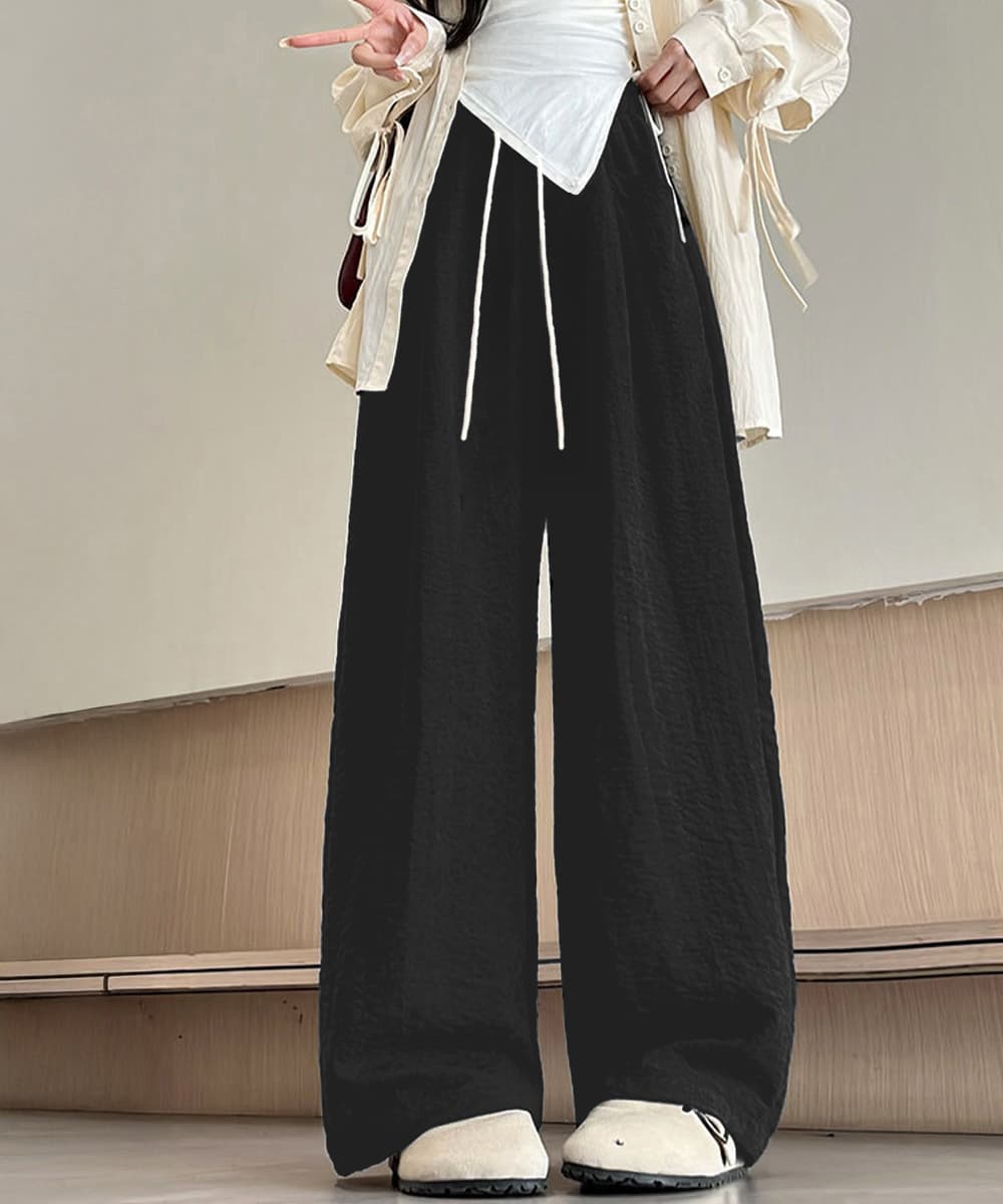  バギーパンツ ゆったりバギーパンツ ウエストゴム紐付きワイドパンツ