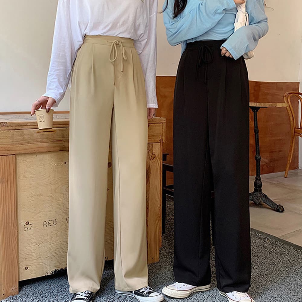  バギーパンツ 美脚ワイドバギーパンツ ハイウエスト紐調節