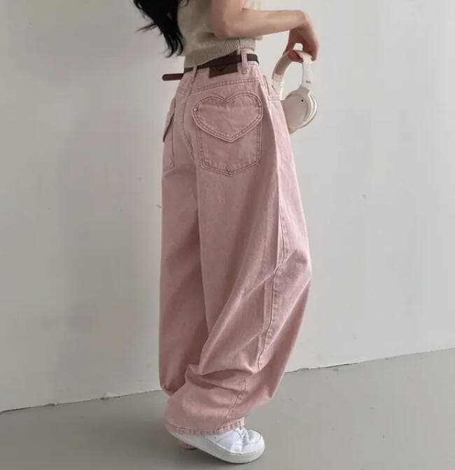  バギーパンツ ハート刺繍デニムワイドパンツ バギーシルエット