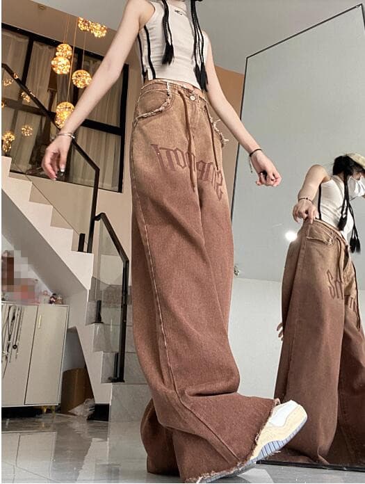 ユニセックス デニム バギーパンツ ワイド ズボン ブラウン