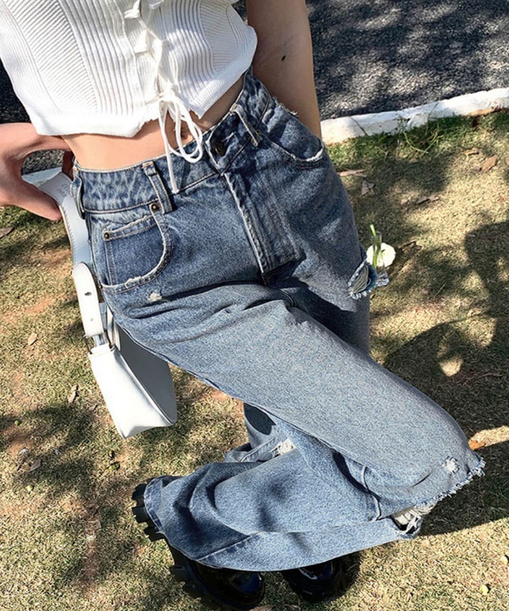  バギーパンツ ダメージ加工ワイドデニムパンツ レディース韓国風