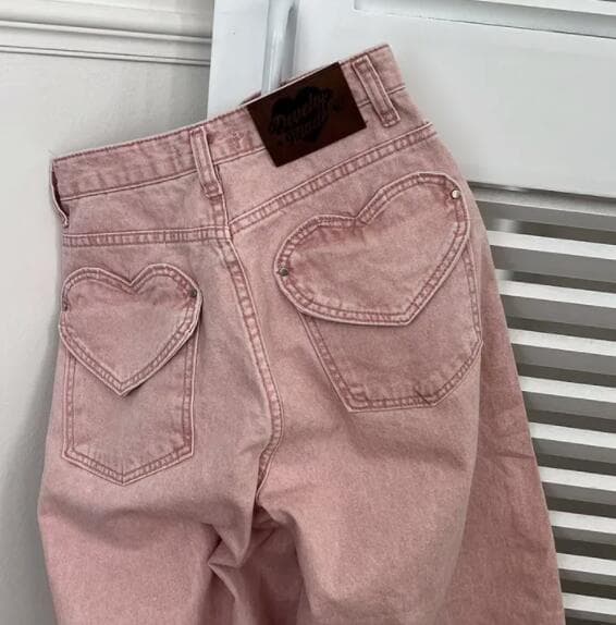  バギーパンツ ハート刺繍デニムワイドパンツ バギーシルエット
