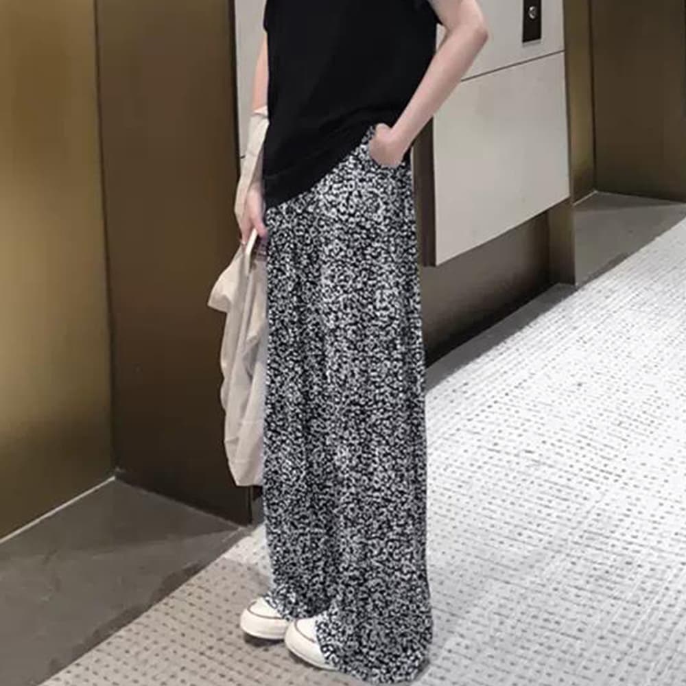  バギーパンツ 豹柄プリーツワイドパンツ夏用ゆったりバギータイプ