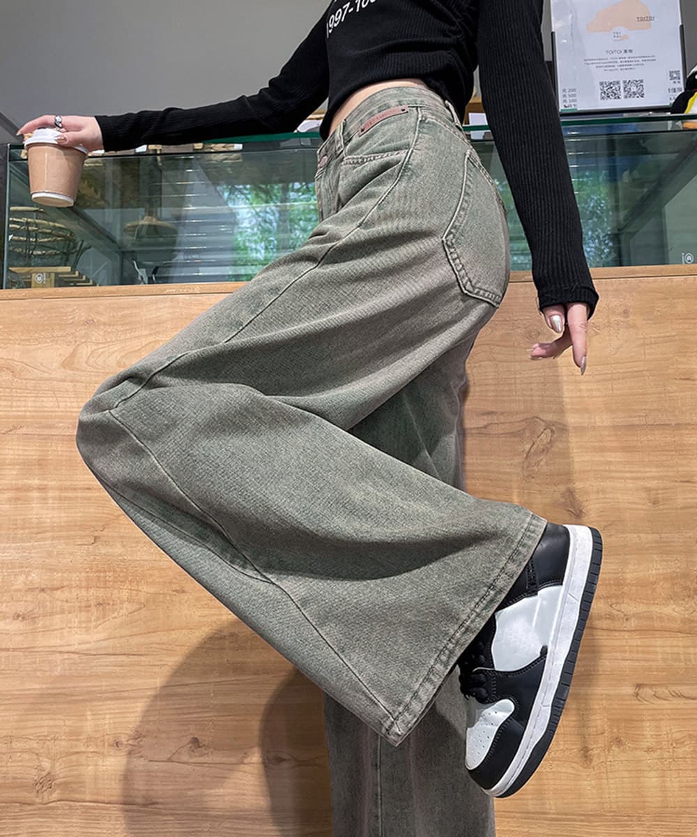  バギーパンツ ヴィンテージ風ワイドデニムバギーパンツ美脚