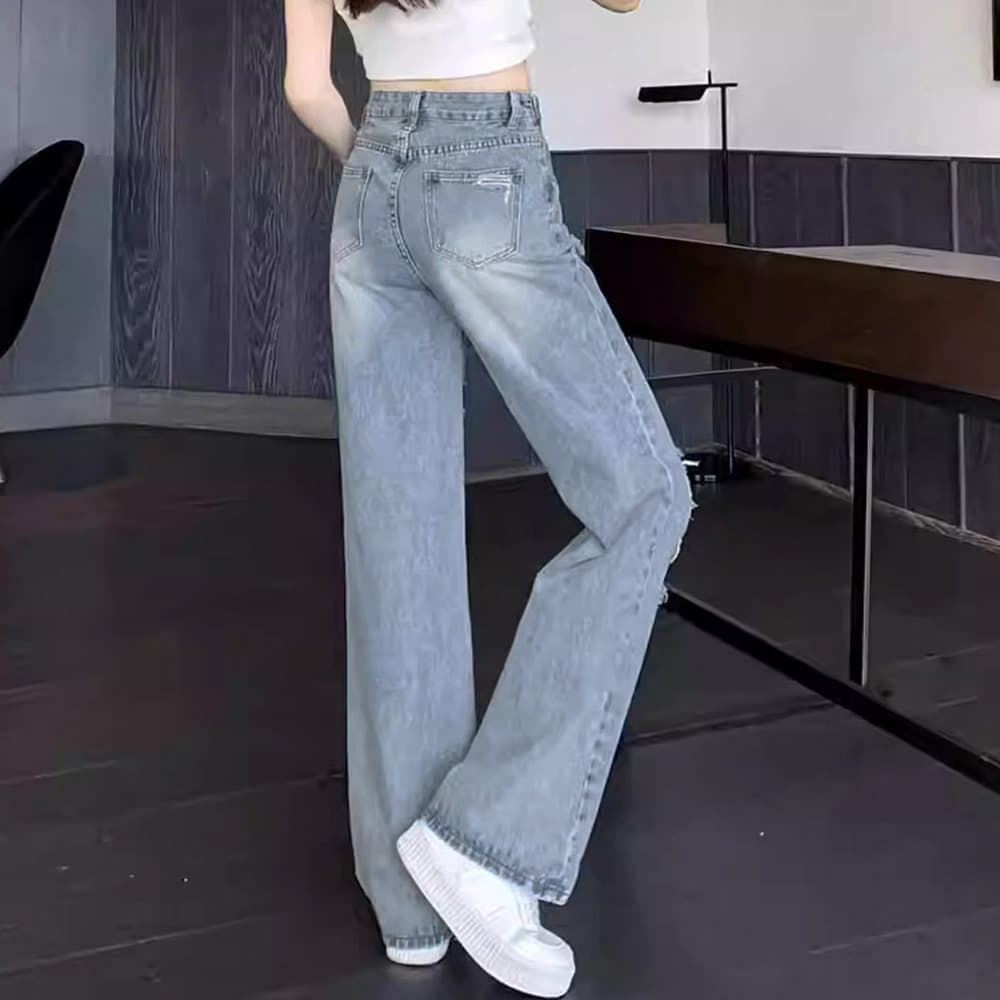  バギーパンツ ダメージ加工バギーデニムパンツレディース着痩せ効果
