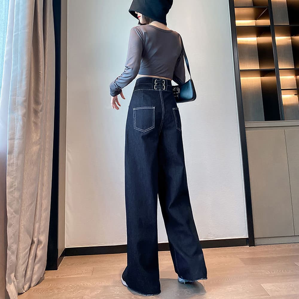 ハイウエスト デニム バギーパンツ 脚長効果
