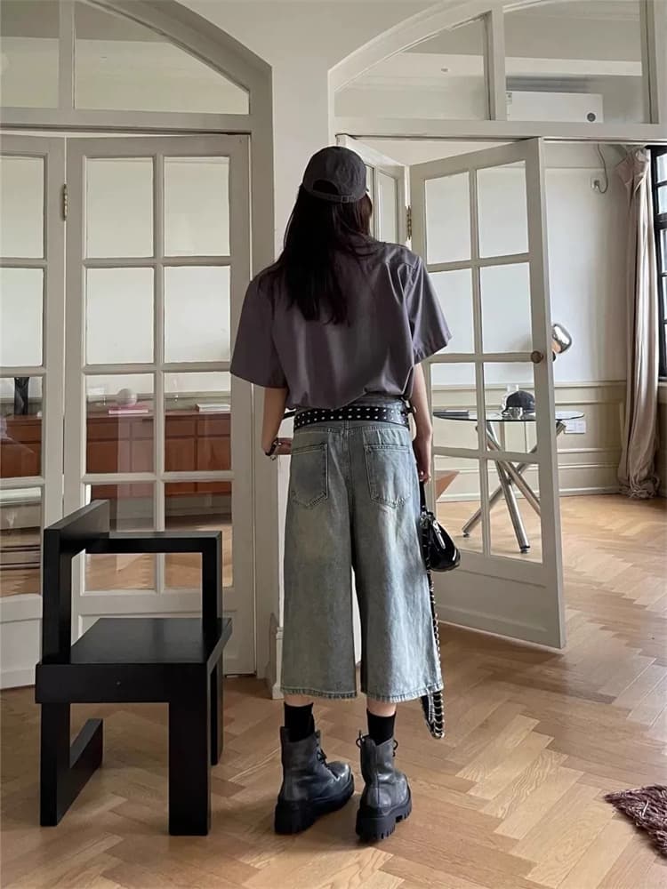  バギーパンツ 新作夏物ハイウエストレトロデニム破れ加工七分丈バギーパンツ