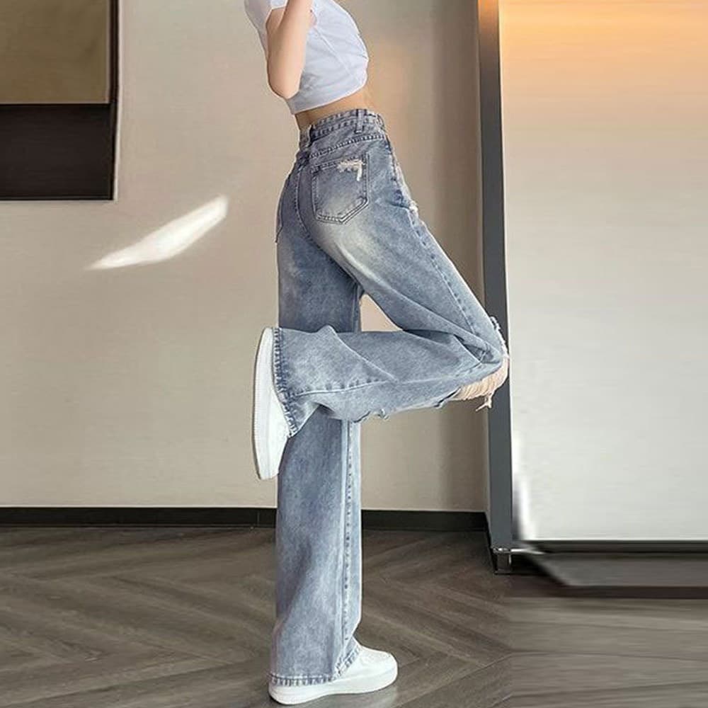  バギーパンツ ダメージ加工バギーデニムパンツレディース着痩せ効果
