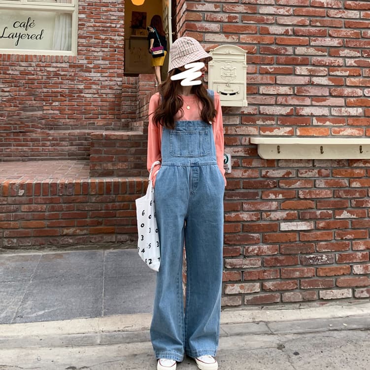 デニムサロペット バギーパンツ ゆったりワイドオーバーオール