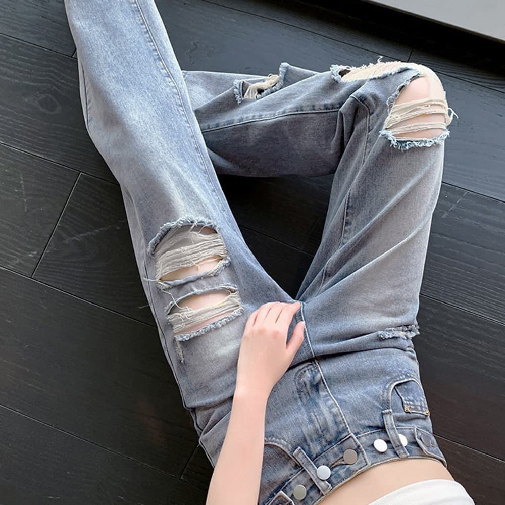  バギーパンツ ダメージ加工バギーデニムパンツレディース着痩せ効果