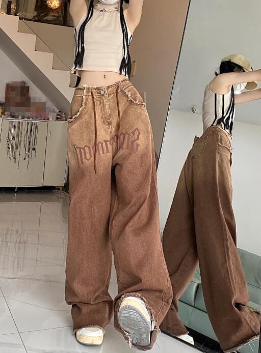 ユニセックス デニム バギーパンツ ワイド ズボン ブラウン