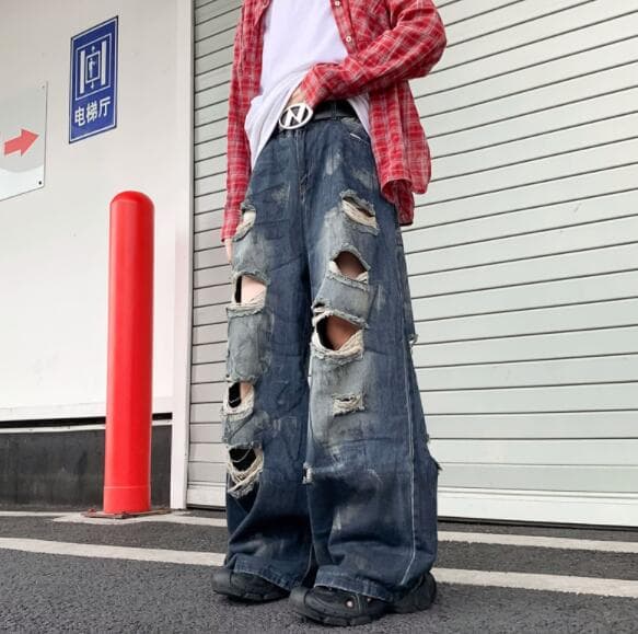 メンズ デニム バギーパンツ ダメージ加工 ワイド