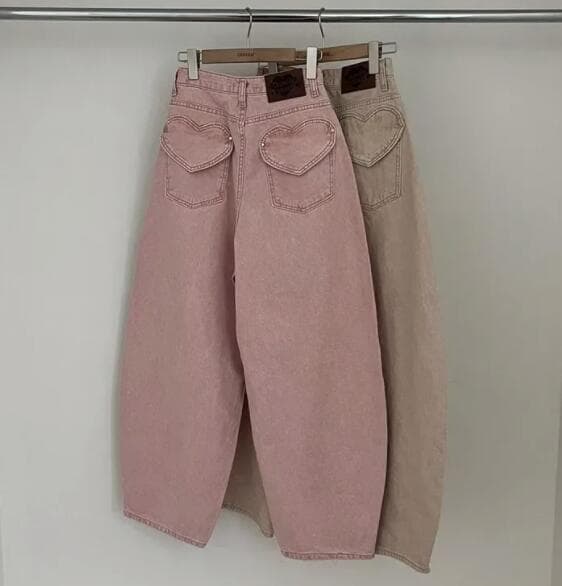  バギーパンツ ハート刺繍デニムワイドパンツ バギーシルエット