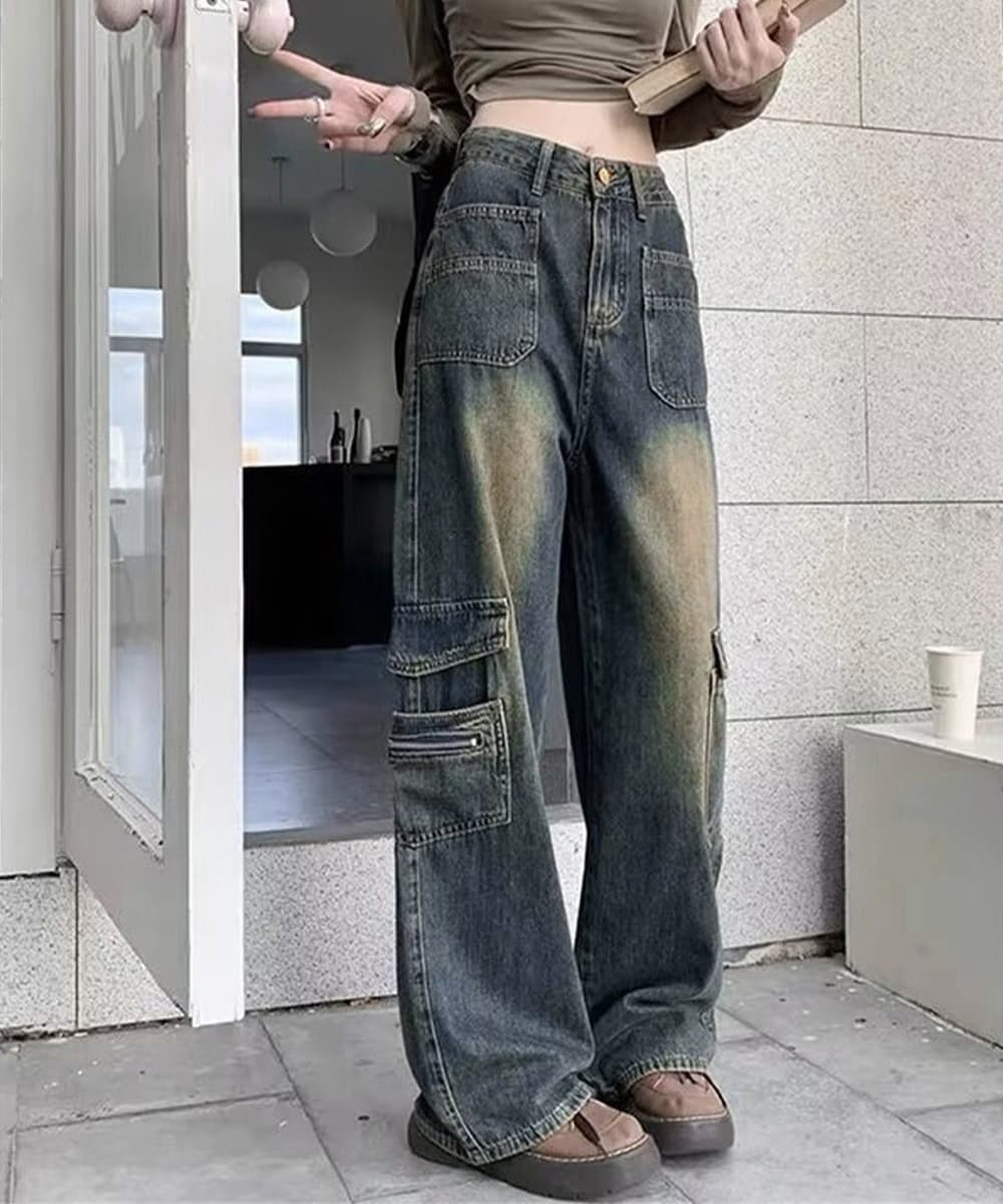  バギーパンツ ヴィンテージウォッシュデニムカーゴバギーパンツ