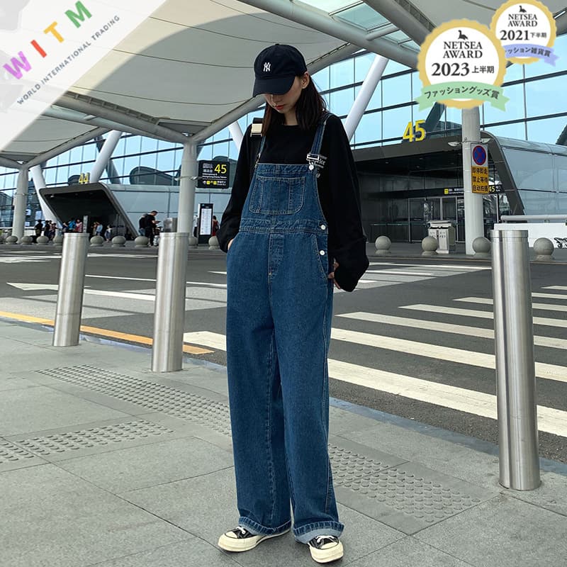 デニムサロペット バギーパンツ ゆったりワイドオーバーオール
