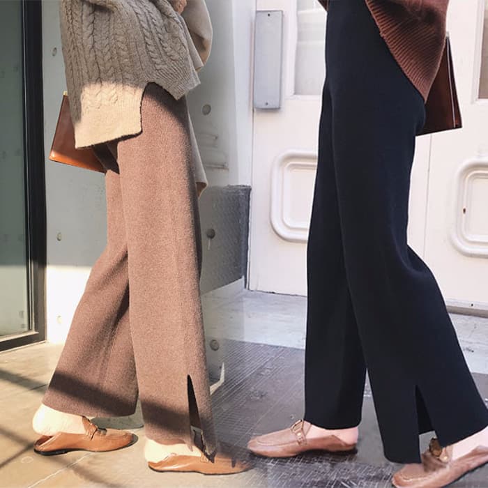  バギーパンツ 冬用レディースワイドニットパンツ ゆったり厚手ウエストゴム