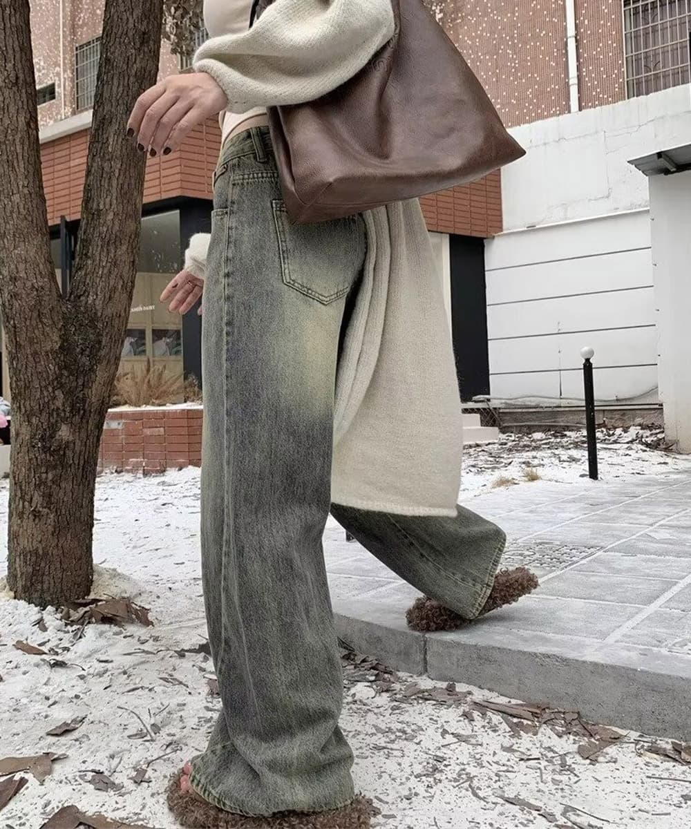  バギーパンツ ヴィンテージ風ワイドデニムバギーパンツ美脚