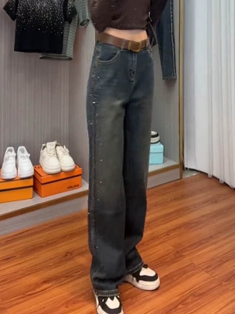 バギーパンツ ゴールド輝きビジュー装飾デニム