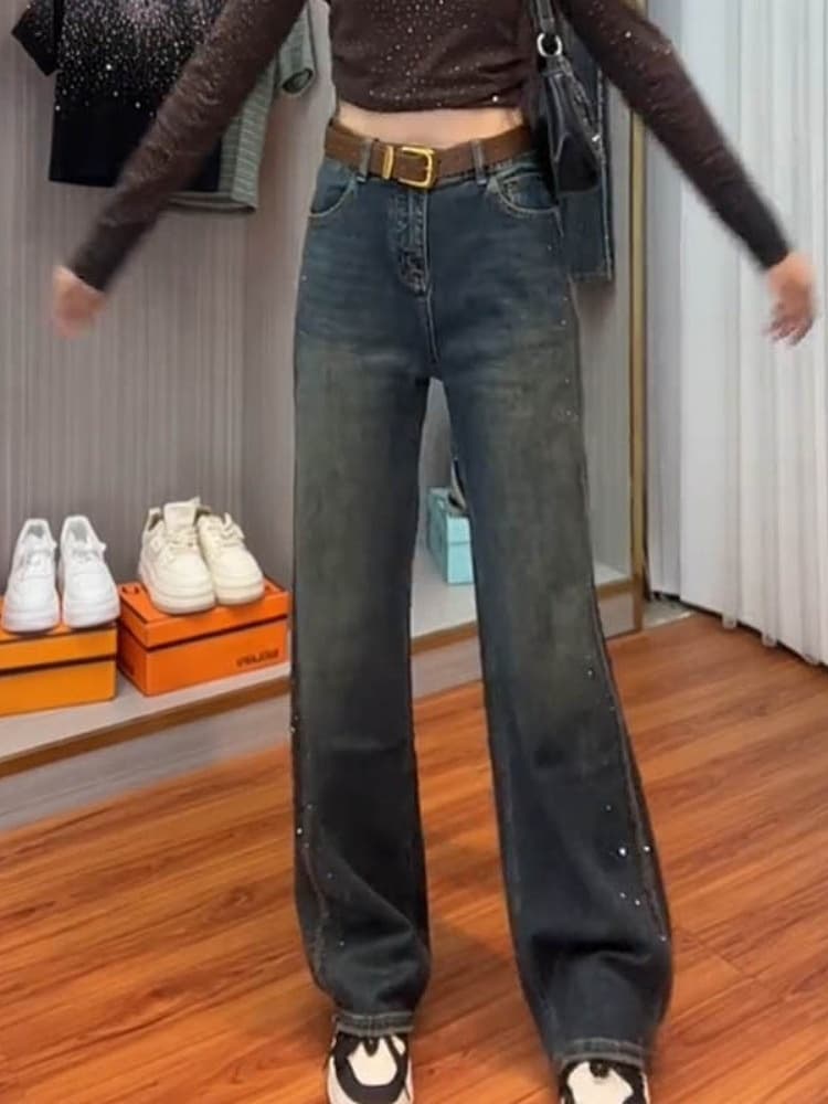 バギーパンツ ゴールド輝きビジュー装飾デニム