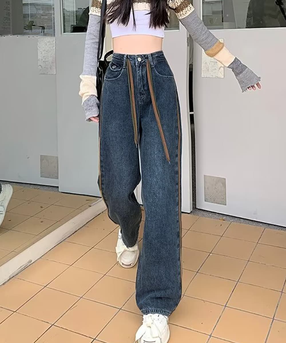 バギーパンツ ハイウエストデニムバギーパンツ美脚ワイド