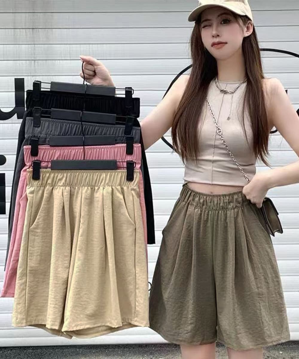 韓国風ワイドショートパンツ 体型カバー バギーパンツ