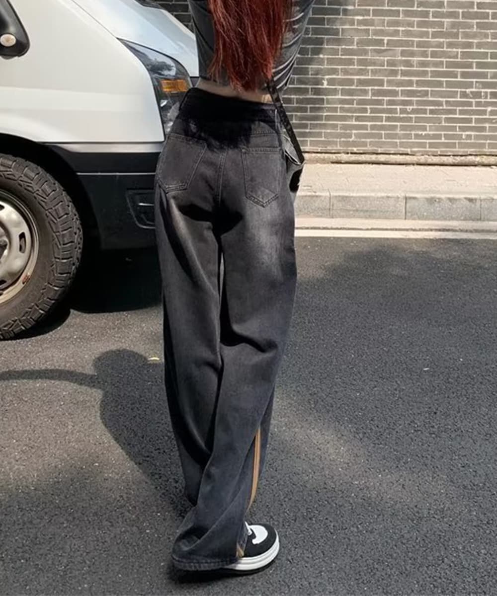 バギーパンツ ハイウエストデニムバギーパンツ美脚ワイド