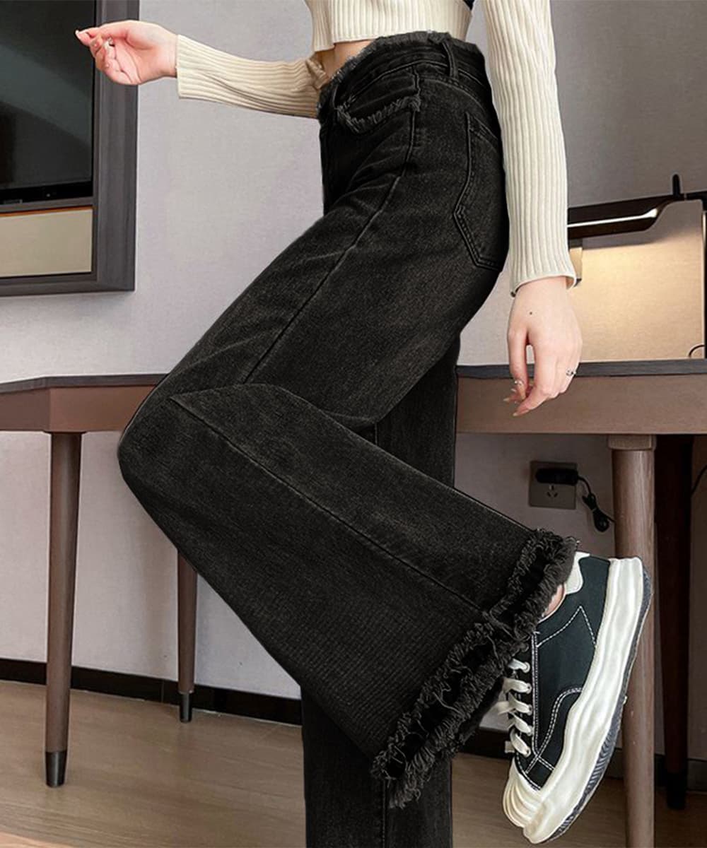 フリンジデニム ハイウエスト バギーパンツ 美脚