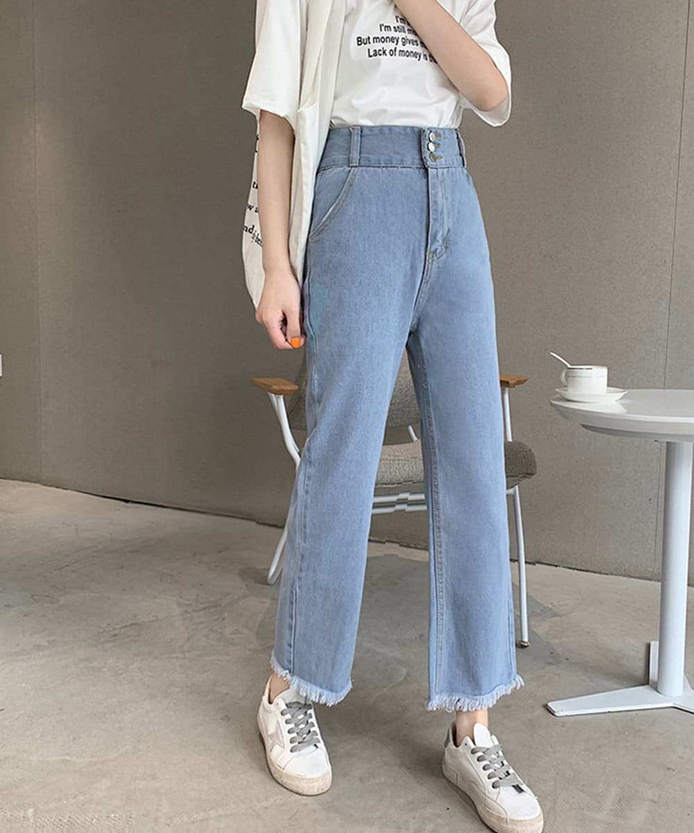 バギーパンツ ハイウエスト裾フリンジバギーデニムパンツ