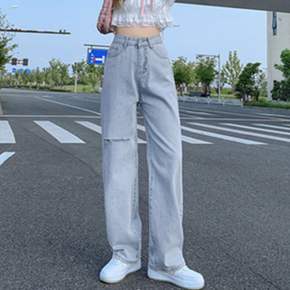 バギーパンツ デニムバギーパンツ ダメージ加工 ハイウエスト