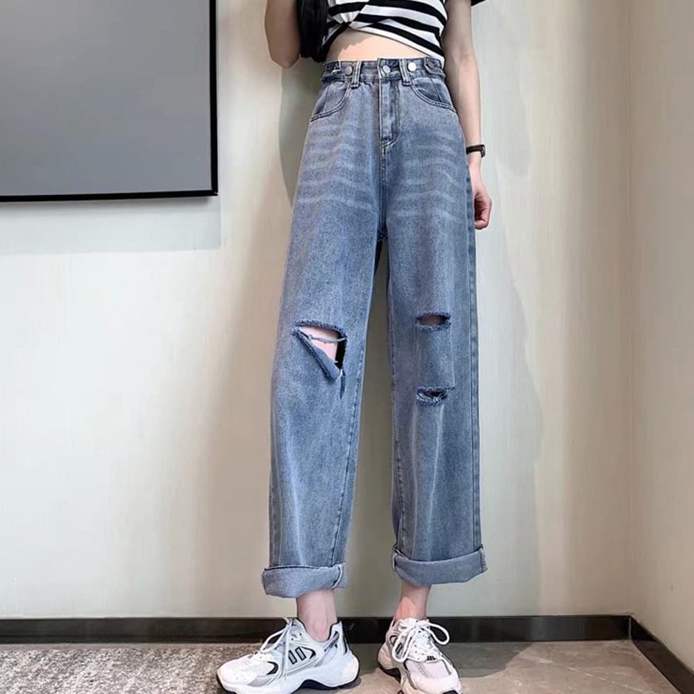 バギーパンツ ダメージデニムバギーパンツ ハイウエストゆったり美脚