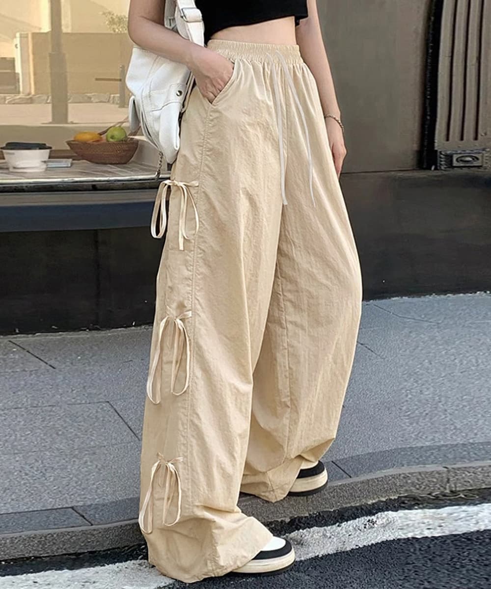 サイドリボン カーゴ風 バギーパンツ ゆったりワイド