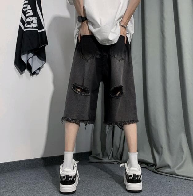 バギーパンツ メンズ デニム ハーフパンツ ダメージ加工 破れ膝