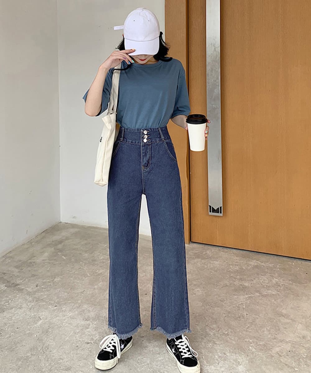 バギーパンツ ハイウエスト裾フリンジバギーデニムパンツ