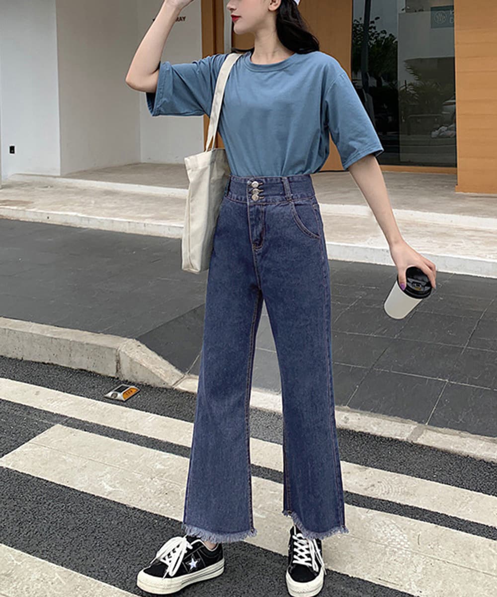 バギーパンツ ハイウエスト裾フリンジバギーデニムパンツ
