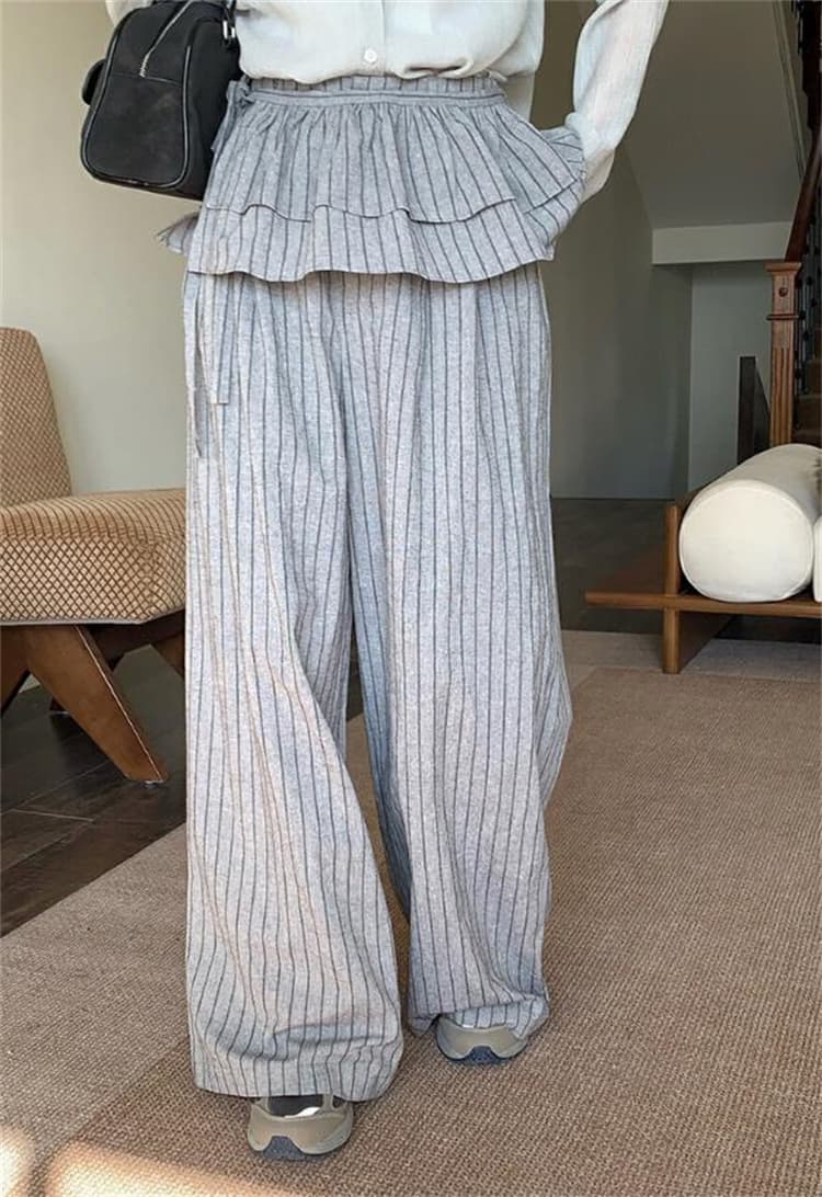 縦ストライプ ハイウエスト バギーパンツ ゆったりワイド