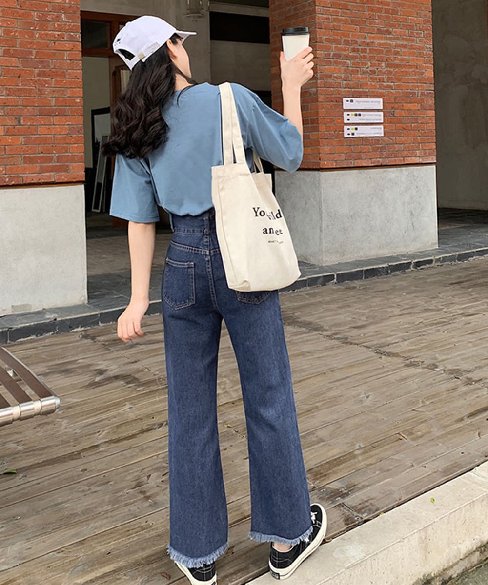 バギーパンツ ハイウエスト裾フリンジバギーデニムパンツ